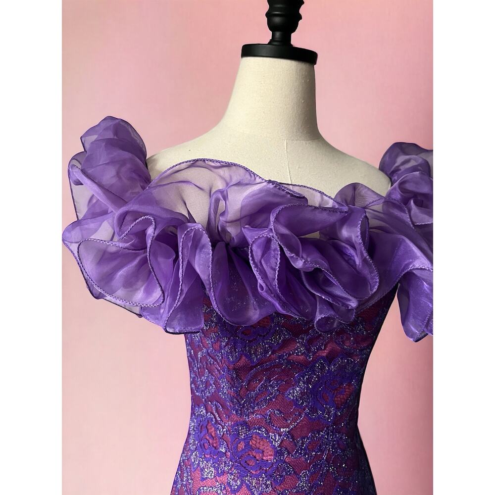 Vintage 80s Metallic Lace Gown | Purple Off Shoulder Ruffle Corset Dress| XS - Picture 8 of 9